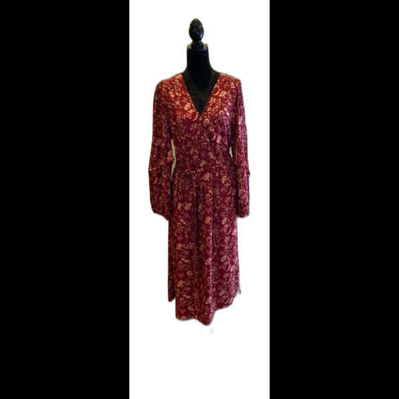 Knox Rose Sz XL Dress Peasant Cottagecore Burgundy Floral Faux Wrap V Neck - Picture 1 of 12